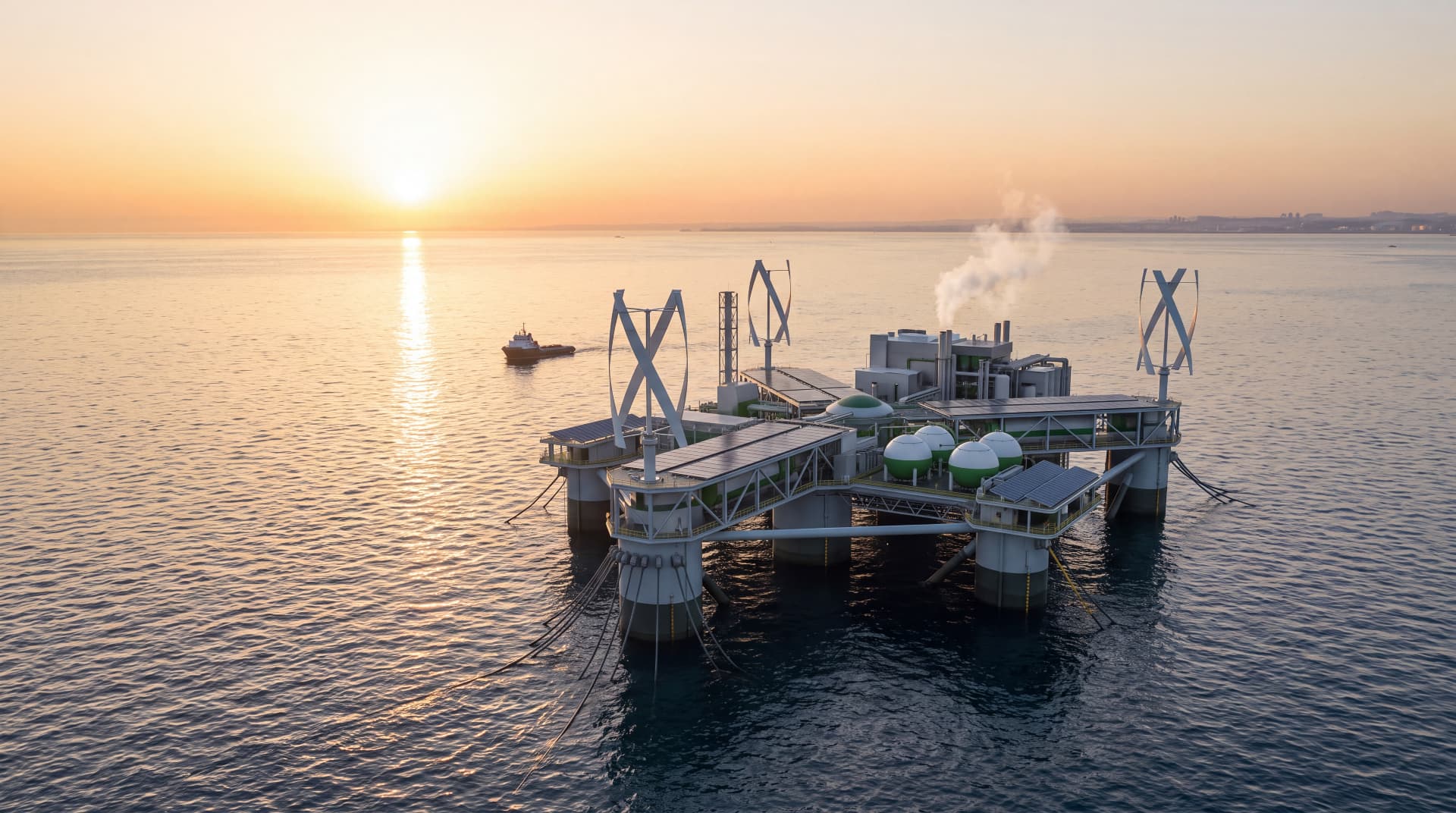 Offshore energieplatform bij zonsondergang